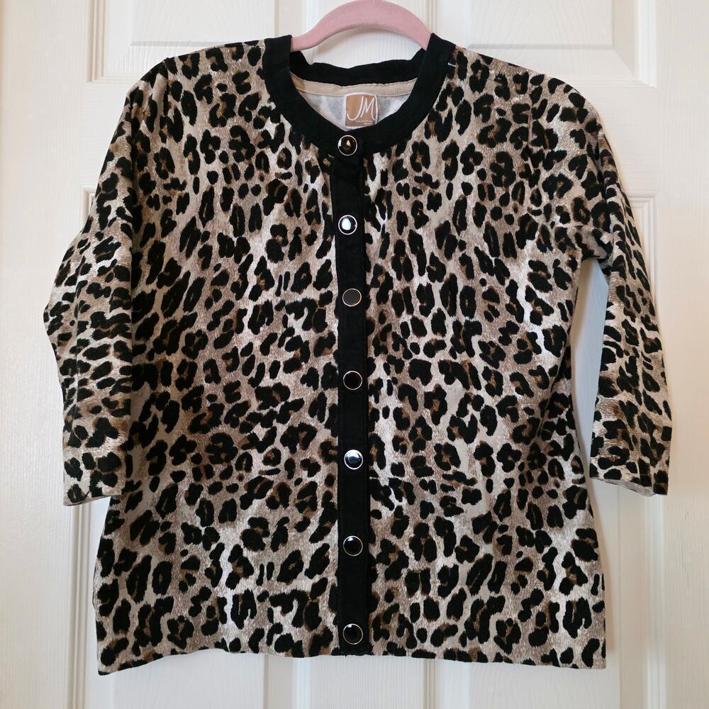JM Collection Leopard Print Crew Neck Cardigan 3/4 Sleeve Petite Medium